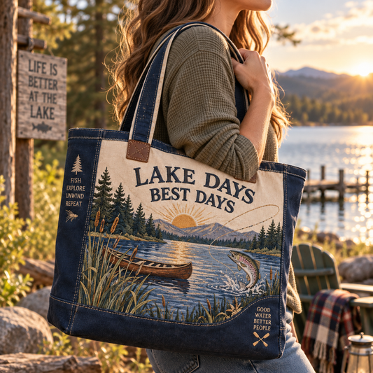Lake Days Best Days Vintage Fishing Canvas Tote Bag