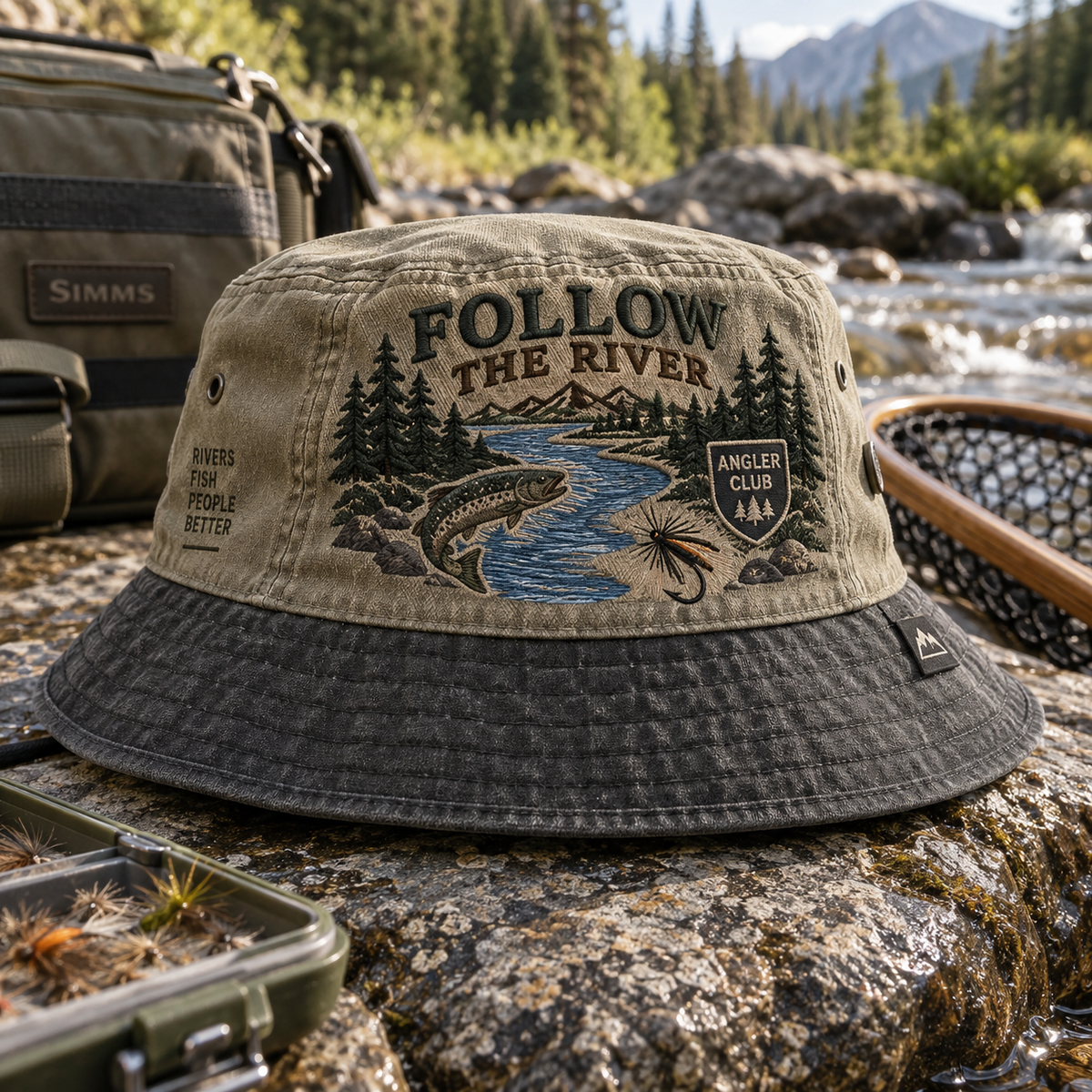 Follow The River Fishing Vintage Fly Fishing Bucket Hat