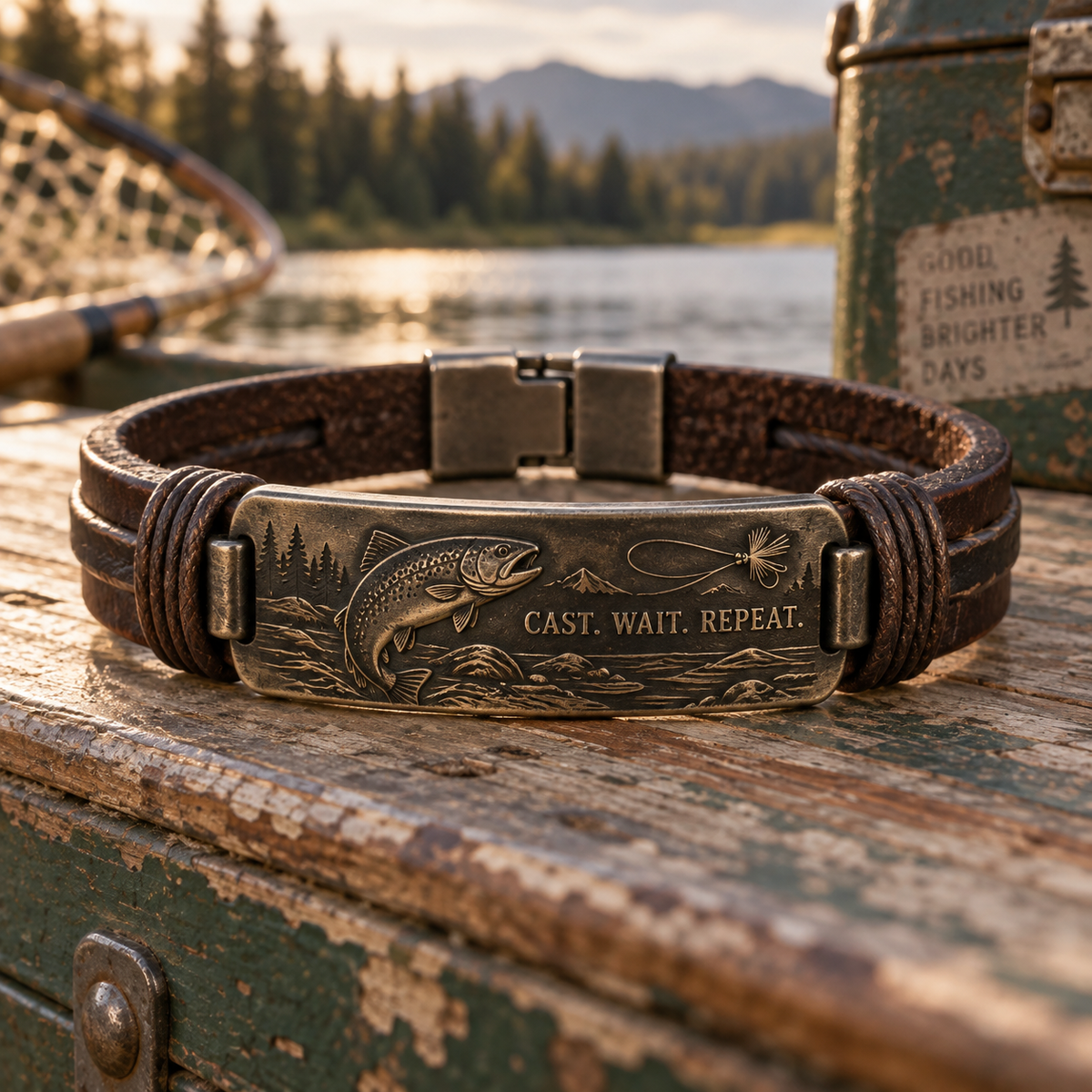 Cast Wait Repeat Fishing Bracelet – Trout Fly Fishing Leather Bracelet for Anglers