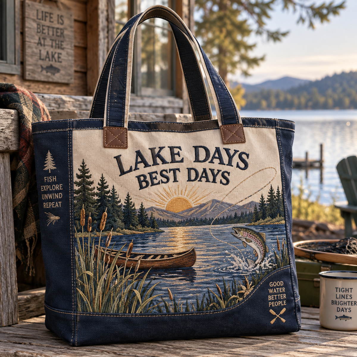 Lake Days Best Days Vintage Fishing Canvas Tote Bag