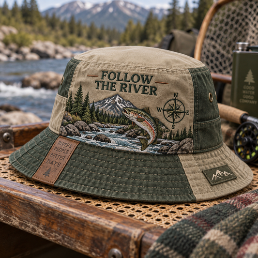 Follow The River Vintage Embroidered Fly Fishing Bucket Hat