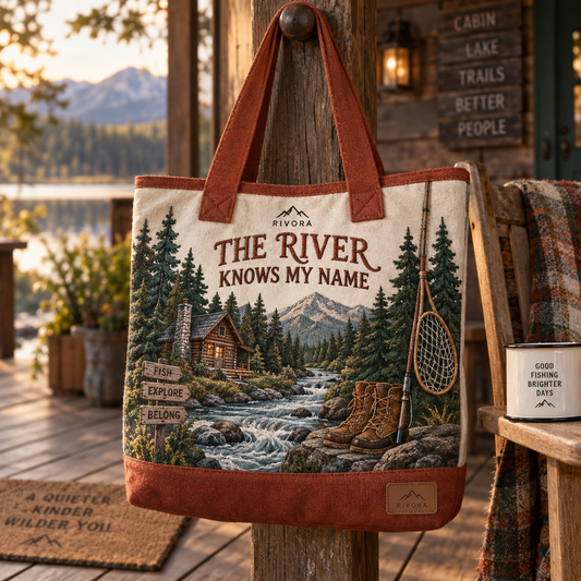 The River Knows My Name Rustic Fly Fishing Canvas Tote Bag