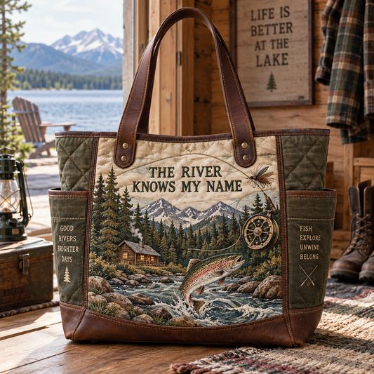 River Knows My Name Vintage Fly Fishing Canvas Tote Bag