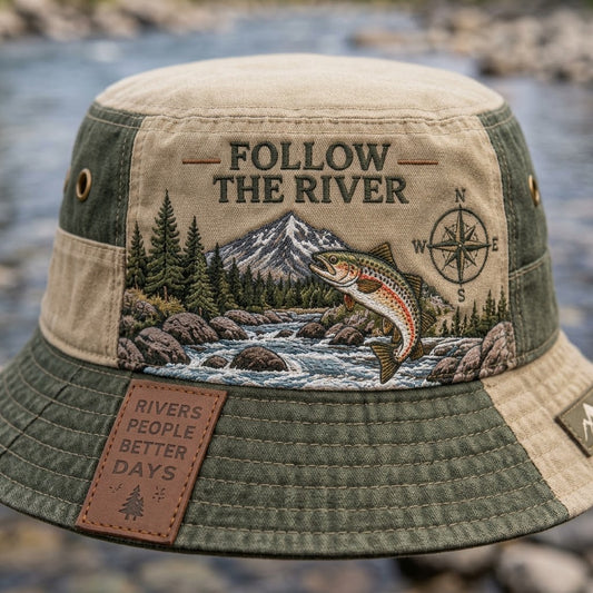 Follow The River Vintage Embroidered Fly Fishing Bucket Hat