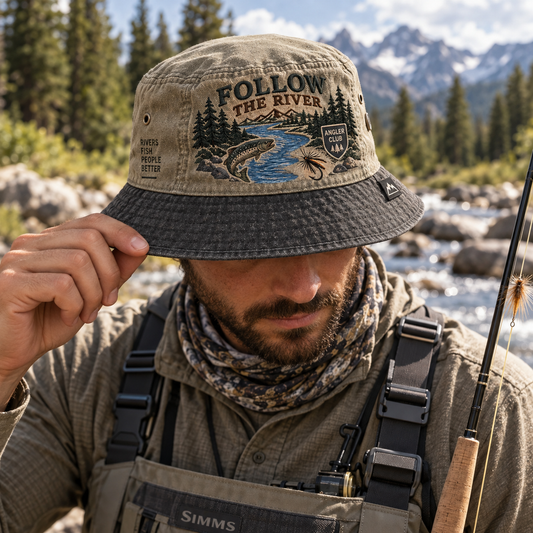 Follow The River Fishing Vintage Fly Fishing Bucket Hat