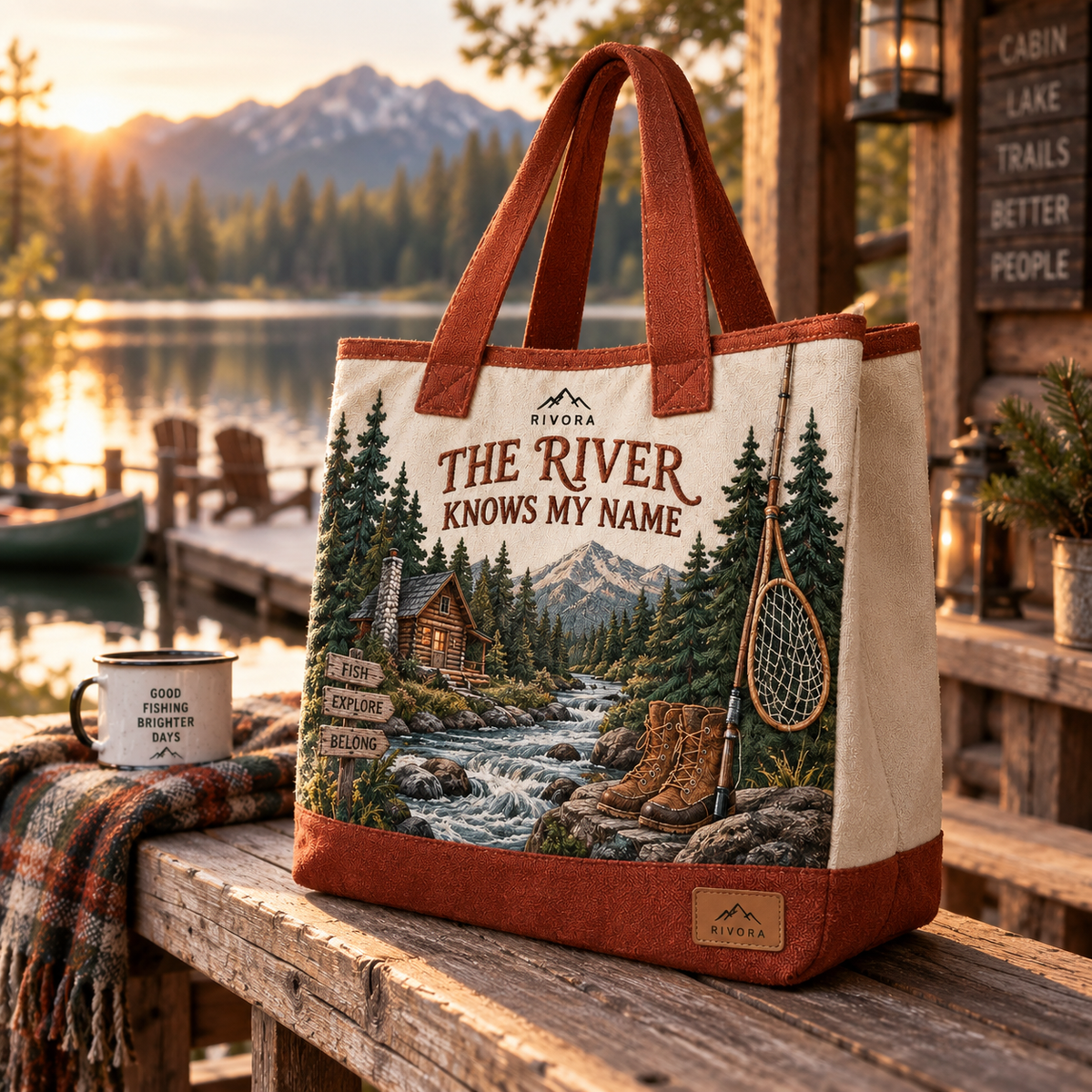 The River Knows My Name Rustic Fly Fishing Canvas Tote Bag