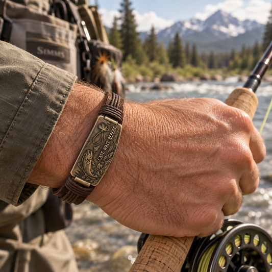 Cast Wait Repeat Fishing Bracelet – Trout Fly Fishing Leather Bracelet for Anglers