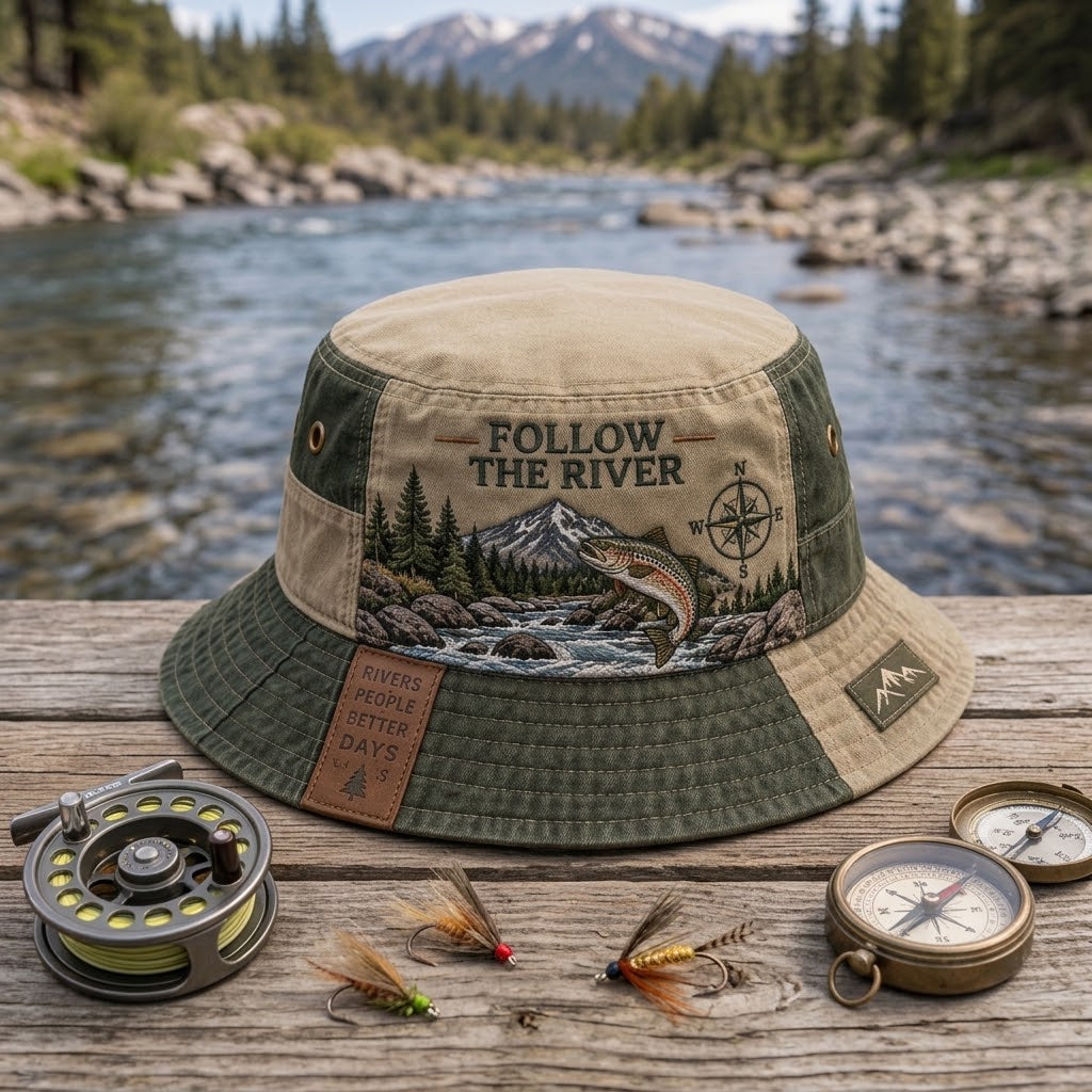 Follow The River Vintage Embroidered Fly Fishing Bucket Hat