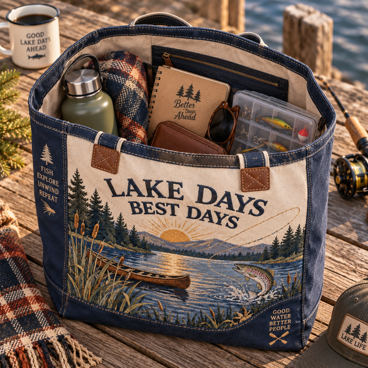 Lake Days Best Days Vintage Fishing Canvas Tote Bag