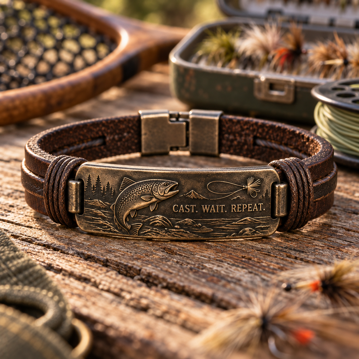 Cast Wait Repeat Fishing Bracelet – Trout Fly Fishing Leather Bracelet for Anglers