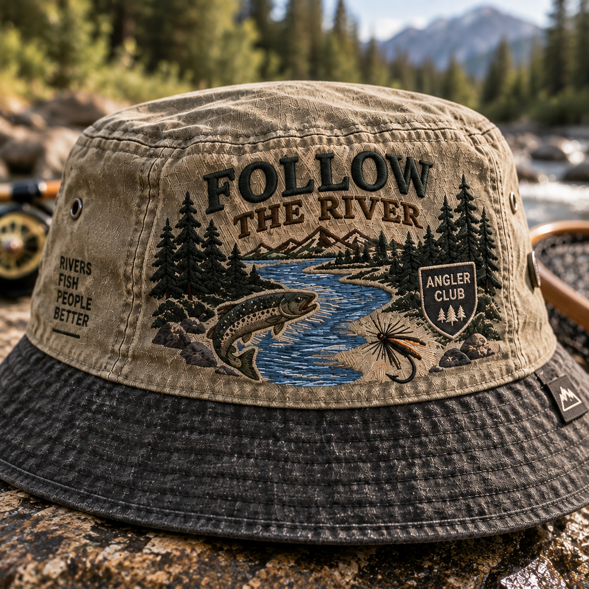 Follow The River Fishing Vintage Fly Fishing Bucket Hat