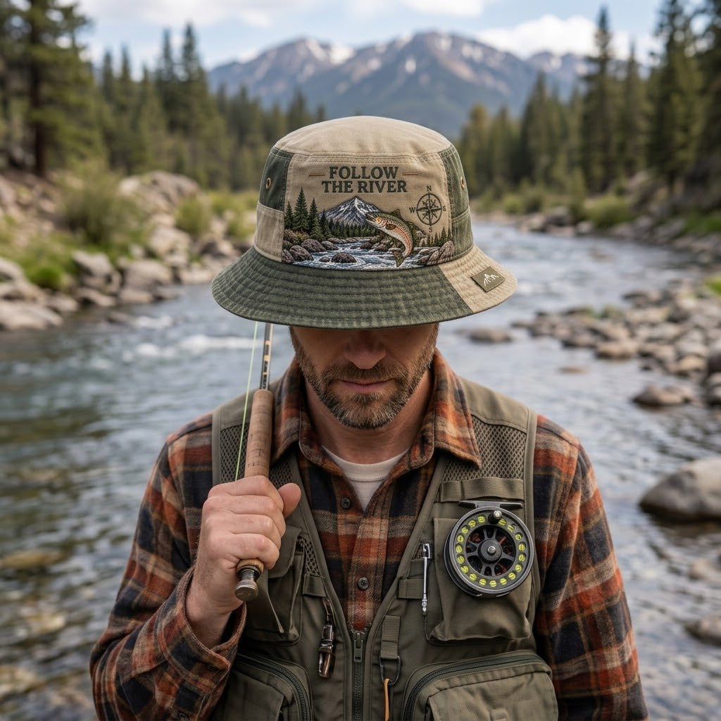 Follow The River Vintage Embroidered Fly Fishing Bucket Hat