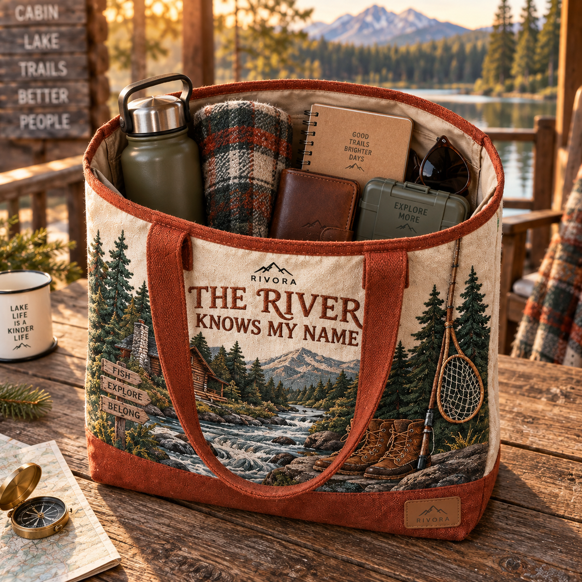 The River Knows My Name Rustic Fly Fishing Canvas Tote Bag