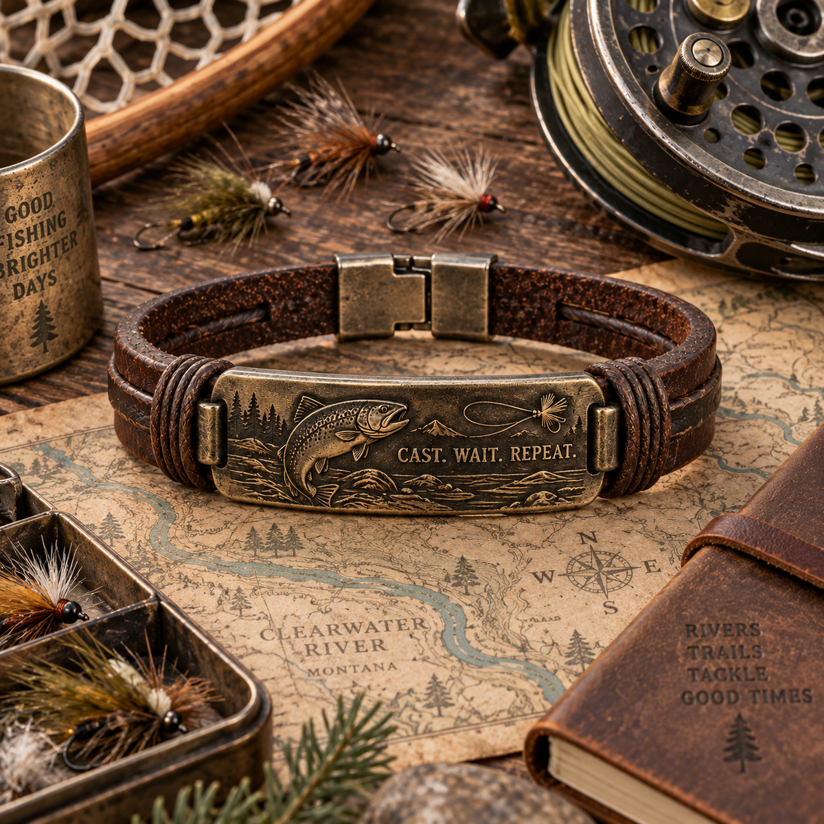 Cast Wait Repeat Fishing Bracelet – Trout Fly Fishing Leather Bracelet for Anglers